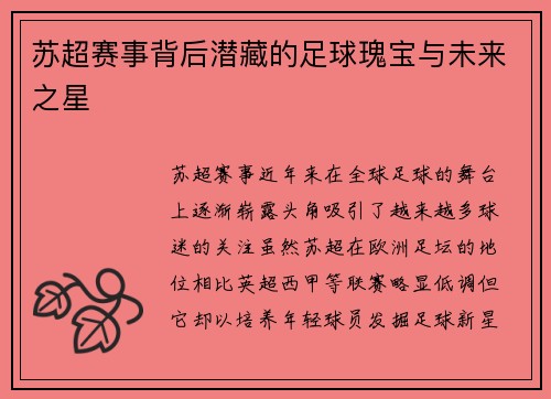 苏超赛事背后潜藏的足球瑰宝与未来之星 苏超赛事背后潜藏的足球瑰宝与未来之星