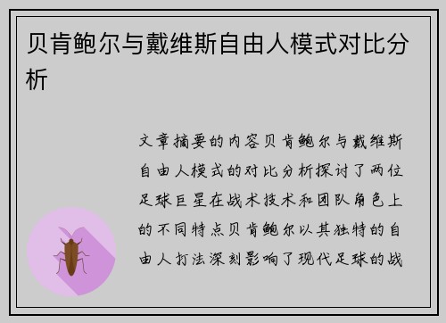 贝肯鲍尔与戴维斯自由人模式对比分析 贝肯鲍尔与戴维斯自由人模式对比分析